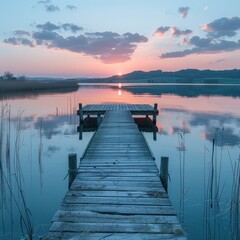 A serene lakeside view at sunset, with the calm water reflecting the pastel colors of the sky and clouds. A wooden pier stretches over the water.