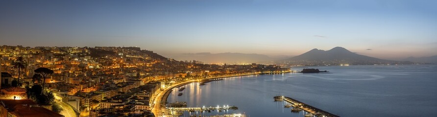 Panorama of Naples with the Gulf and the famous Mount Vesuvius before sunrise