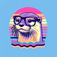 Playful Otter Escapade: A Trendy Synthwave Vector Illustration with Post-Impressionist Flair for Stylish T-Shirt Art. Generative AI