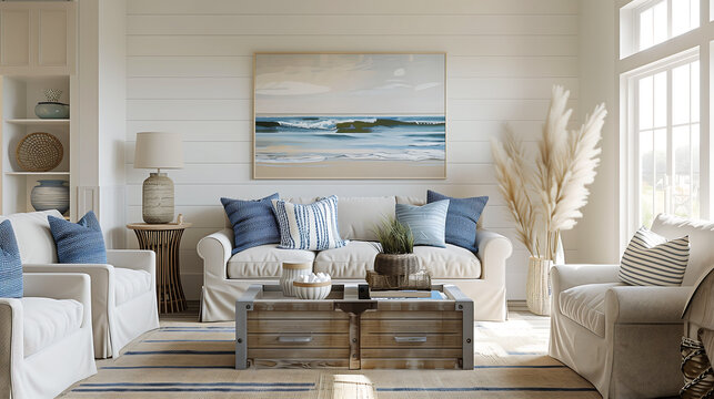 A coastal themed living room with a white sofa, patterned cushions, wooden coffee table, artwork, rug, and decor items on shelves, bathed in natural light from a window