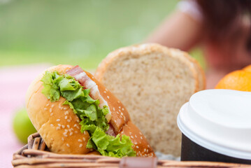 Picnic basket food bread fresh fruit coffee cup orange juice in wood wicker box on red Blanket....