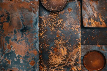 Top view photo rusty iron plate dish and rusty iron sheet