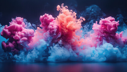  A colorful cloud of smoke in the colors red, orange and blue on black background. Created with Ai