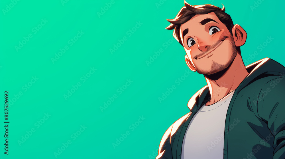 Poster a man with a beard and a smile is standing in front of a green background