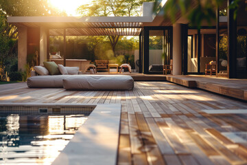 Modern wooden terrace with outdoor furniture and swimming pool in the garden of a modern house
