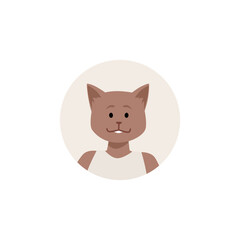 Cute dressed furry cat in beige round vector avatar, cartoon anthropomorphic feline pet in casual fashion clothes