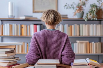 A person in a purple sweater absorbed in reading, with stacks of books around them in a library