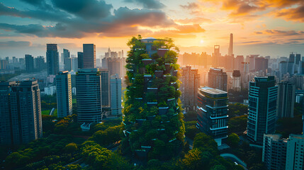 An aerial view of a city skyline at dusk with a skyscraper surrounded by trees. The building towers above the natural landscape, creating a striking contrast against the cloudy sky