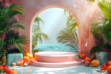 .Empty stylish podium 3D mockup background for beauty product presentation concept. Summer copy space platform surrounded by palm leaves . Cosmetics, perfume or home goods sales advertising stand.