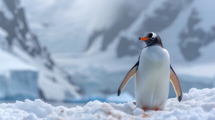 Obraz premium Anvers Island, Antarctica, Gentoo Penguin (Pygoscelis papua) standing beneath looming mountains