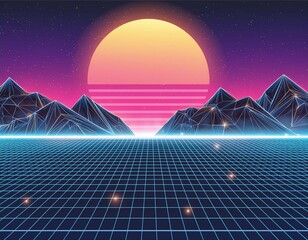 Futuristic set. Retrowave, synthwave, rave, vapor wave, cyberpunk party background. light grid landscape. Retro, vintage 1980s, 1990s style. Black, purple, pink, blue neon colors. Print, poster