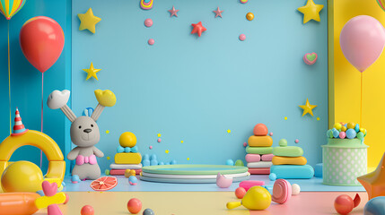 diseño de fondo para invitación digital colorida para niños plantilla infantil con globos y elementos infantiles y para decoración  - obrazy, fototapety, plakaty