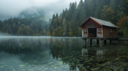 Obraz premium Lakeside Cabin Harmony. Concept Nature Photography