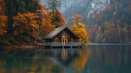Fototapeta premium Lakeside Cabin Harmony. Concept Nature Photography