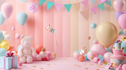 invitación digital con elementos infantiles hiper realistas la invitación tiene espacio para copiar, fondo colores pastel plantilla para diseño o decoracion