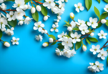 A flat lay photo of white blooming branches on a blue background with copy space