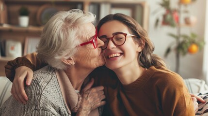 Concept of a happy senior woman with glasses and her adult daughter hugging and kissing in the living room of their home, celebrating Mother's Day. - Powered by Adobe