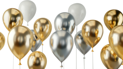 Golden and silver balloon in birthday on transparent background. Copy space. Cutout.