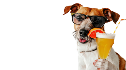 Drunk dog wearing glasses holding and drinking a cocktail on transparent background.