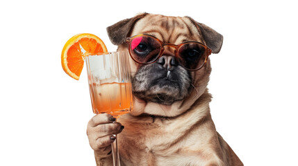 Drunk dog wearing glasses holding and drinking a cocktail on transparent background.