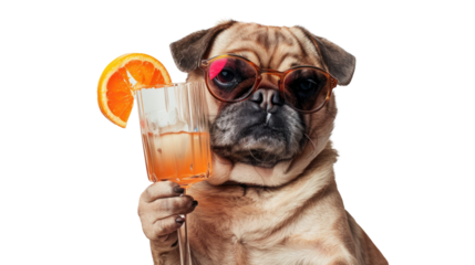 Drunk dog wearing glasses holding and drinking a cocktail on transparent background.