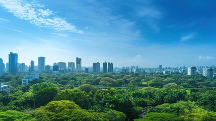 Obraz premium Panoramic view of skyline with lush green park on daylight with urban landscape in background.