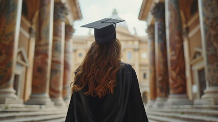 A young woman in a black gown and graduation cap standing in front of a university. A graduate thinking about her future in historic architecture background