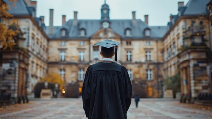 Naklejka premium A young man in a black gown and graduation cap standing in front of a university. A graduate thinking about his future in historic architecture background