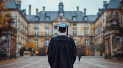 A young man in a black gown and graduation cap standing in front of a university. A graduate thinking about his future in historic architecture background