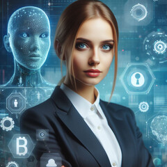 AI and modern businesswoman standing confidently with a digital or technological background.