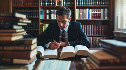 Male advocate lawyer in law library reading book