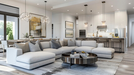 bright interior, modern living room with a white sectional sofa, abstract wall art, a round coffee table, patterned cushions, open kitchen in the background