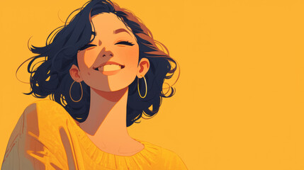 A woman with a smile on her face is wearing a yellow sweater