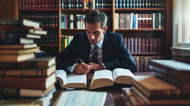 Male advocate lawyer in law library reading book