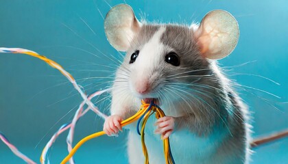 funny mouse eats wires light blue background