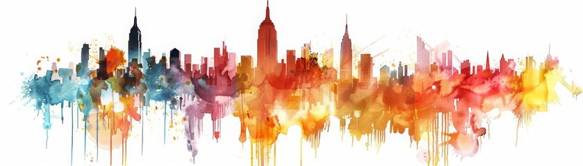 Obraz premium A beautiful watercolor of a vibrant cityscape, teeming with life yet peaceful, elegantly displayed on a simple clipart isolated white background