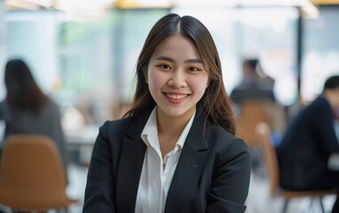 Portrait of young attractive Asian female office worker in formal business suit smiling happily