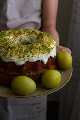Easter cake and colored eggs
