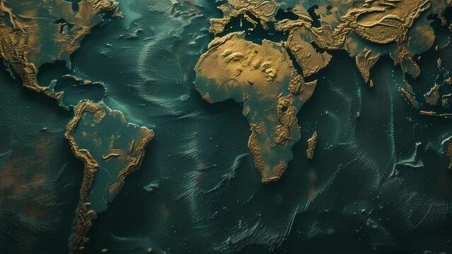 World map with relief, painted, featuring all continents, countries, seas, and oceans of the planet. Textured surface with volume for the background of a travel agency or military strategy wallpaper