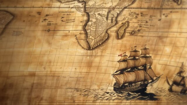 Ancient medieval map of the world with continents, countries and decorative drawings of ships, with parallels and meridians in the background on weathered paper. Discovery intro animation for a movie