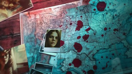 Desk of Hitman or hired killer, with photographs of his victims: young women in vintage style, a map of the USA and blood splatters under the light of a lamp. Mystery and true crime animation