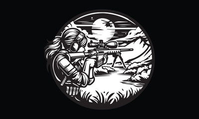 Sniper girl with, rifle, mountain, forest, river, sky, water, sky, gaming logo, gaming design logo 