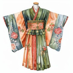 A lovely watercolor of a traditional Japanese kimono, reflecting intricate patterns, elegantly presented on an isolated minimal with white background