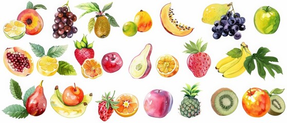 A set of watercolor fruit showcasing the freshness and variety of summer, delightfully rendered as retro styles detail clipart isolated on a white background