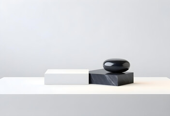A black stone with white stone podium on a white background 