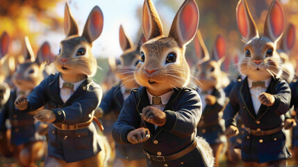 Cute Rabbit army parade scene wearing beautiful uniform and holding a weapon.