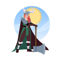 Scandinavian warrior woman in vector uniform on isolated background.