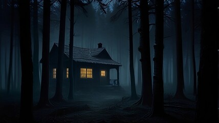 The enigmatic image of a small house surrounded by a dark forest conveys a sense of danger and mystery. Ideal for suspenseful themes, storytelling, and Halloween-inspired designs.