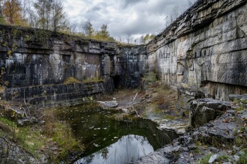 A forgotten mining quarry, its walls scarred by years of excavation, now reclaimed by nature and left to decay in solitude, Generative AI