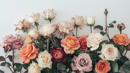 Vintage-inspired arrangement of roses in muted tones against a white backdrop, evoking a sense of nostalgia and romance.